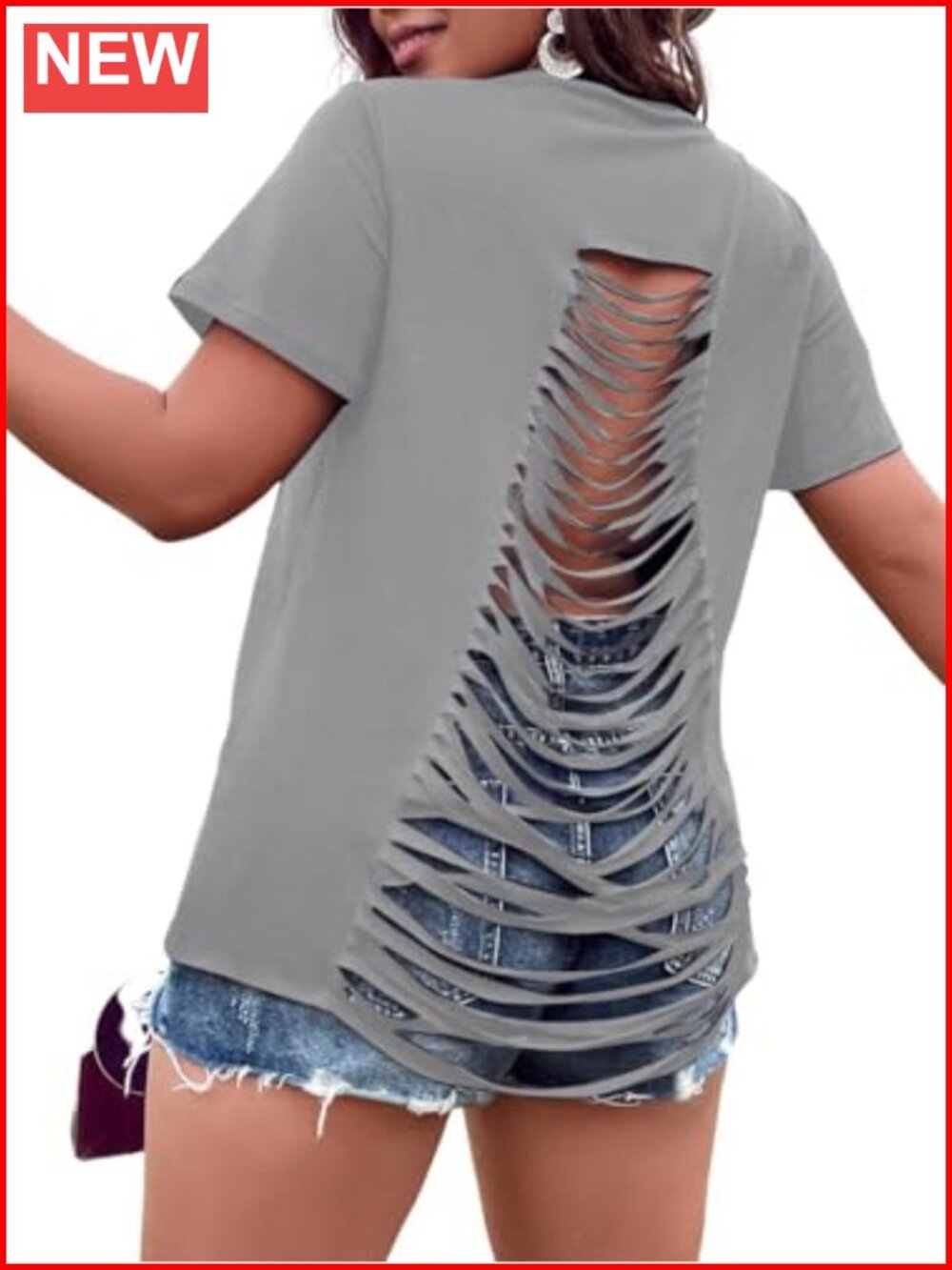 Plus Size Fringe Criss Cross Ripped Open Back Short Sleeve Tee